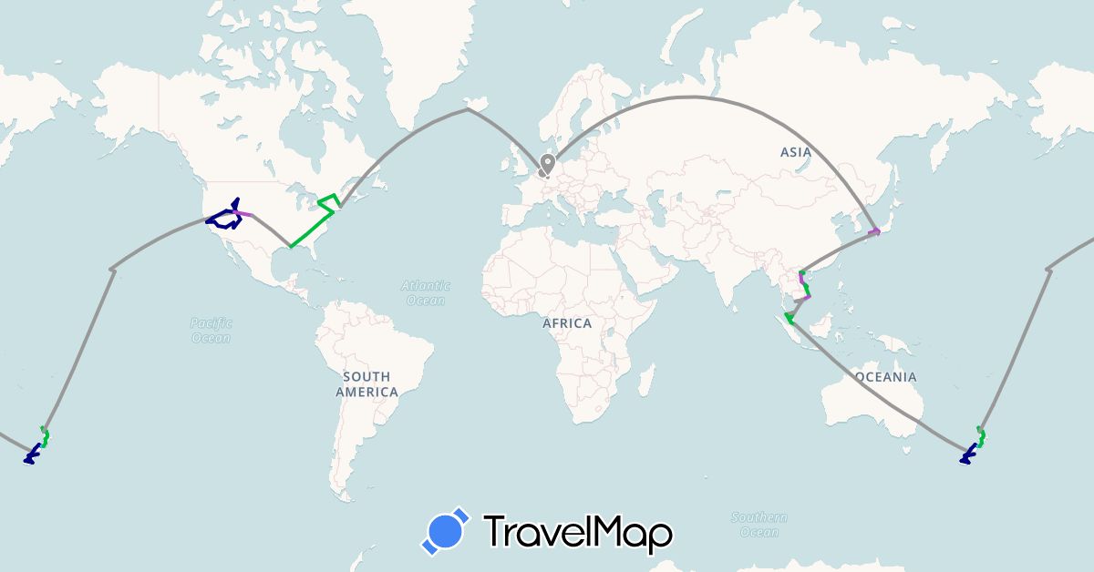 TravelMap itinerary: driving, bus, plane, train, boat in Australia, Canada, Germany, Iceland, Japan, Malaysia, New Zealand, Singapore, United States, Vietnam (Asia, Europe, North America, Oceania)